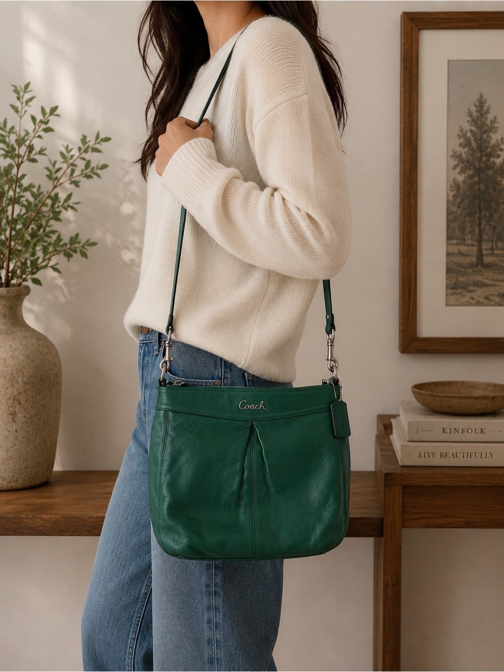 Coach Legacy Leather Crossbody Hobo Bag Green Teal Silver Hardware Zip Authentic